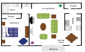 Floor plan for 1 bed, 1 bath, 760 sqft